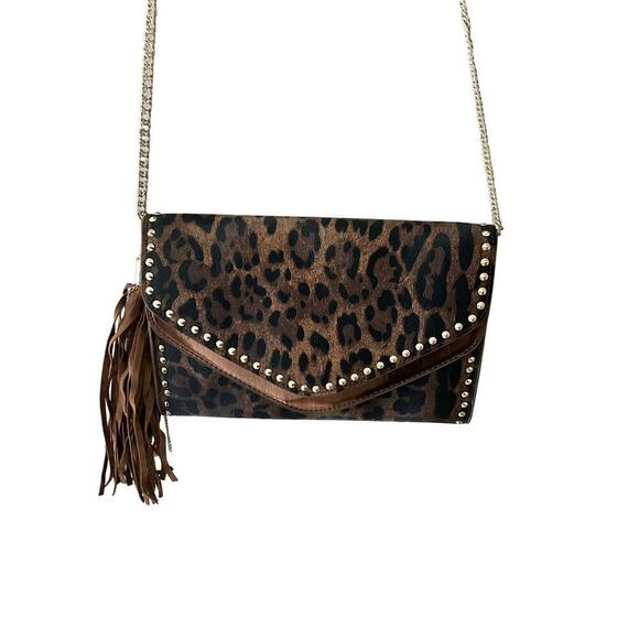 Imoshion Women's Brown Leopard Print Leather Crossbody Strap Clutch Flap Handbag - Picture 1 of 8